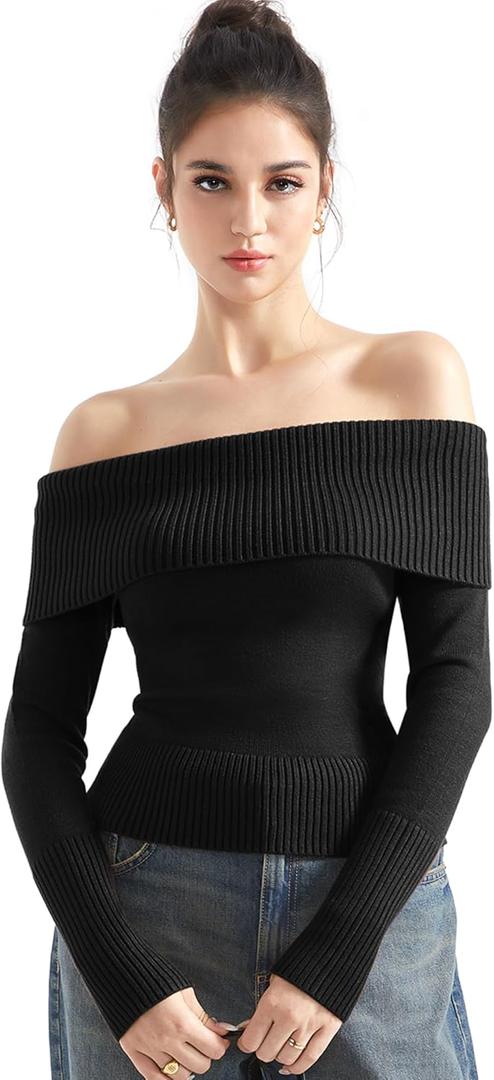 SUUKSESS Women Off Shoulder Sweaters Long Sleeve Ribbed Knit Going Out Fall Tops Blouse (Small, Black)