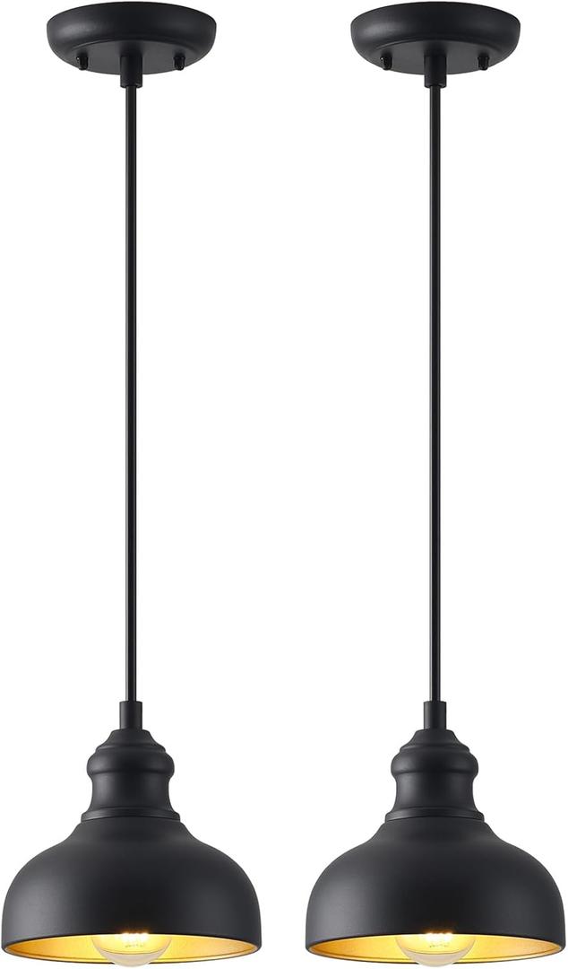 7in Dome Black Farmhouse Barn Pendant Light with Brass Interior, 2 Pack Outdoor Porch Hanging Lamp Small Industrial Barn Style Pendant Lighting for Bedroom Kitchen Hallway, Height Adjustable