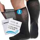 Facool 2 Pairs Merino Wool Diabetic Socks for Men & Women, Extra Wide Non-Binding Top & Non-Slip Grippers, Loose Fit Slipper Socks for Swollen Feet, Edema, Neuropathy & Bariatric, Black X-Large