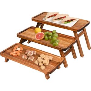 GEHE 3 Tier Serving Tray Acacia Wooden Tiered Tray Stand Foldable Dessert Table Display Set Decor Charcuterie Boards for Party, Birthday, Wedding, Christmas