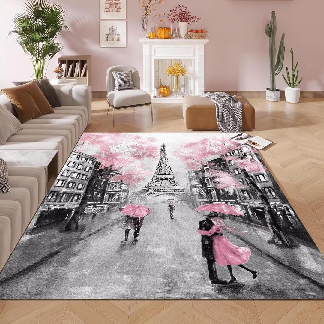 kxry 6 * 9 Feet Pink Paris Eiffel Tower Soft Area Rugs for Kids Girls Women French Style Couple Lover Flower Floor Carpet for Living Room Bedroom Dorms Nursery Rooms Home Decor Aesthetic (Multi4)