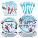 Grencian 96 PCS Skiing Birthday Party Supplies 350 GSM Skiing Paper Plates Napkins Forks Disposable Tableware Set Ski Party Decorations for Winter Skiing Theme Birthday Party Decorations Serves 24