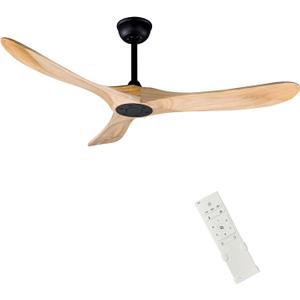 52" Indoor/Outdoor Wooden Ceiling Fan, 3 Blade DC Ceiling Fan with Remote Control, 2 Downrods, Reversible DC Motor 22W Quiet Energy Saving (Metal Black body-burlywood Blade)