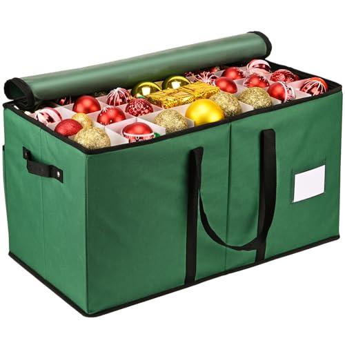 Christmas Ornament Storage Box, Mrrihand Xmas Decoration Organizer with Adjustable Dividers - Storage Container Keeps 128 Holiday Ornaments 3-Inch, Dual Zipper Closure, 600D Tear-Proof Material(Green)