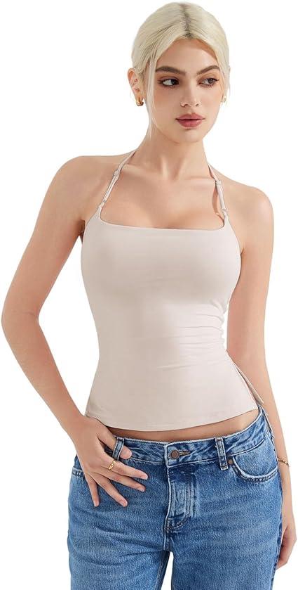 SUUKSESS Women Halter Double Lined Tank Top Backless Going Out Camisole Crop Top Small
