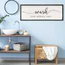 RLWangChao Farmhouse Laundry Room Wall Decor Wash Your Worries Away Sign 3212 Inch Bathroom Inspirational Quote for Shower Room above the Bathtub Wooden Framed Minimalist Wall Hanging Art (Black)