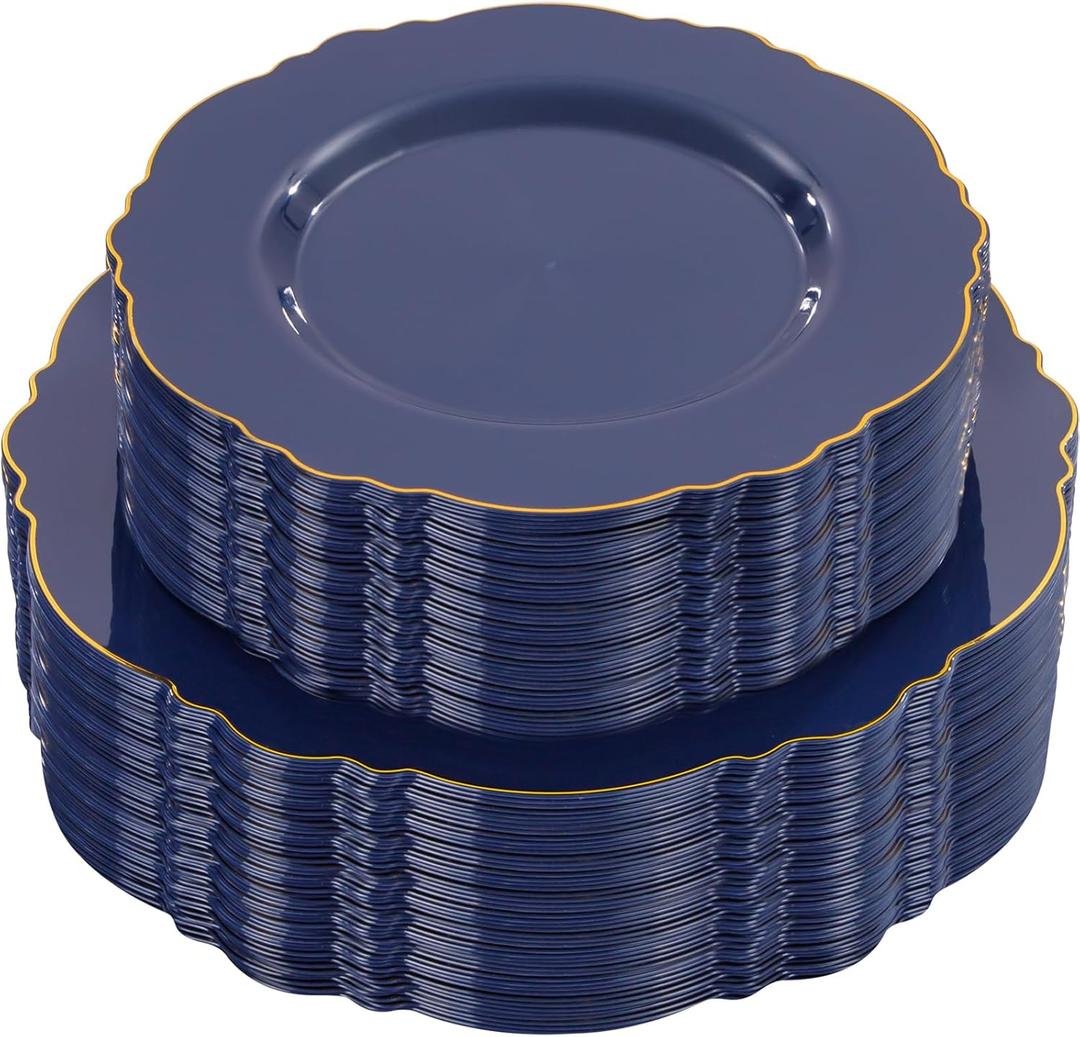 WDF 100pcs Blue Plastic Plates - Baroque Blue&Gold Disposable Plates for Parties/Wedding-50Plastic Dinner Plates 10.25in, 50Salad Plates 7.5in