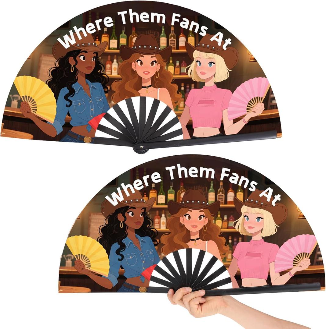 2 PCS Where Them Fans At Clacking Fans for Line Dancing, 13 Inches Large Festival Folding Fan, Boots On The Ground, 210D Oxford Cloth Pop Fan for Music Festival, Concert, Wedding, Halloween Party