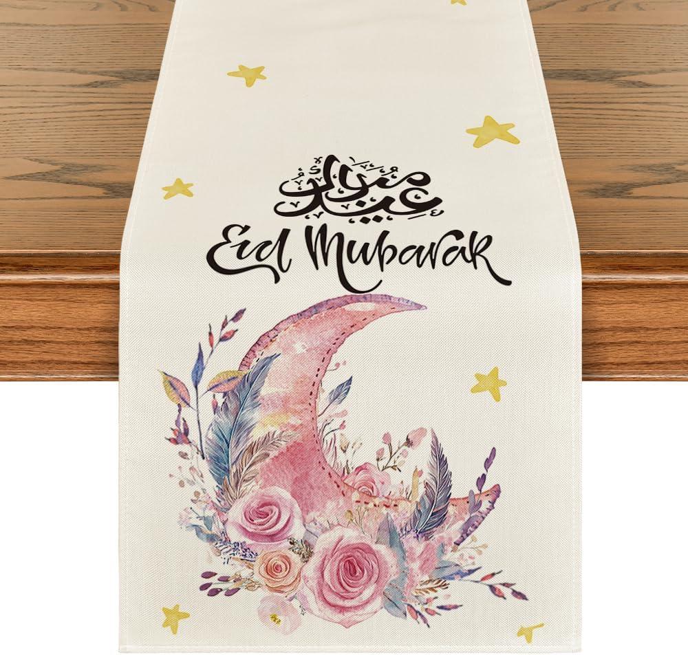 Artoid Mode Pink Moon Flowers Stars Ramadan Eid Table Runner, Seasonal Summer Holiday Kitchen Dining Table Runners for Home Party Decor 13 x 72 Inch