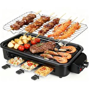 2 in 1 Electric Indoor Grill 1700W - YOHAWJAN Black Smokeless Indoor Grill Pan with Grilling Net & Non-Stick Removable Griddle Plate, Temperature Control Korean BBQ Grill for Kitchen with 3 Cheese Pan