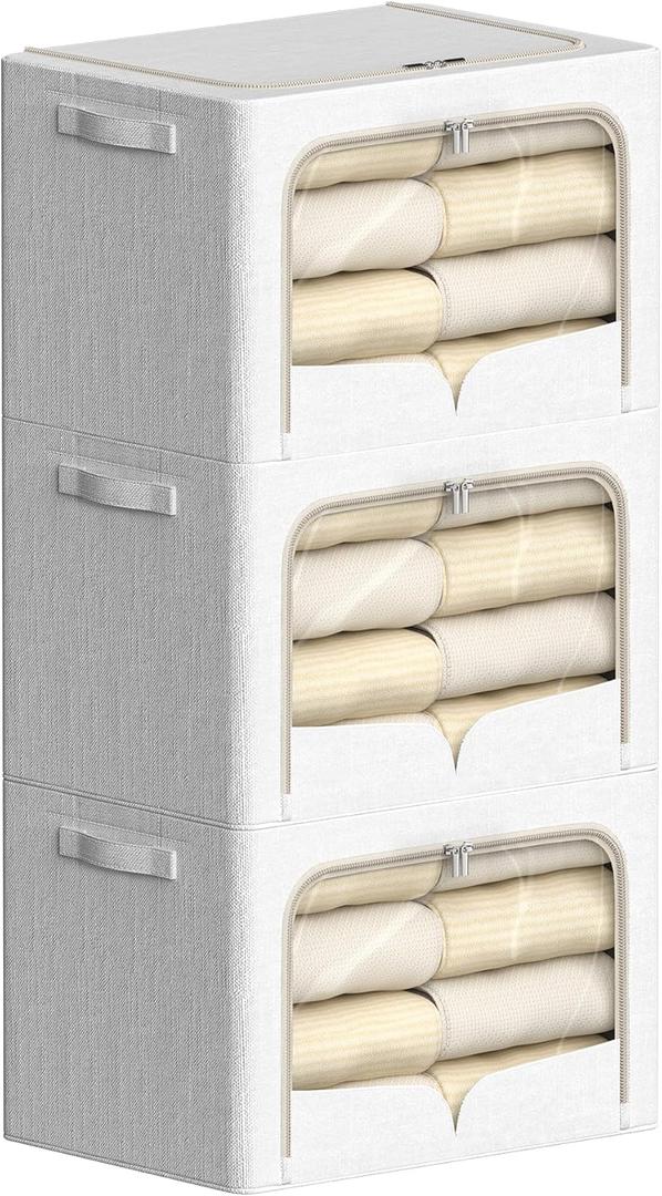 FHSQX 3 Pack Clothes Storage Bins - Foldable Metal Frame Storage Box - Stackable Linen Fabric Container Organizer Set with Carrying Handles and Clear Window (Cream White, 19.7x15.7x13inch(66L))