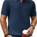 PJ PAUL JONES Mens Polo Shirts Short Sleeve Textured Knit V Neck Shirt Casual Golf Shirts Stylish Old Money Tops, Large