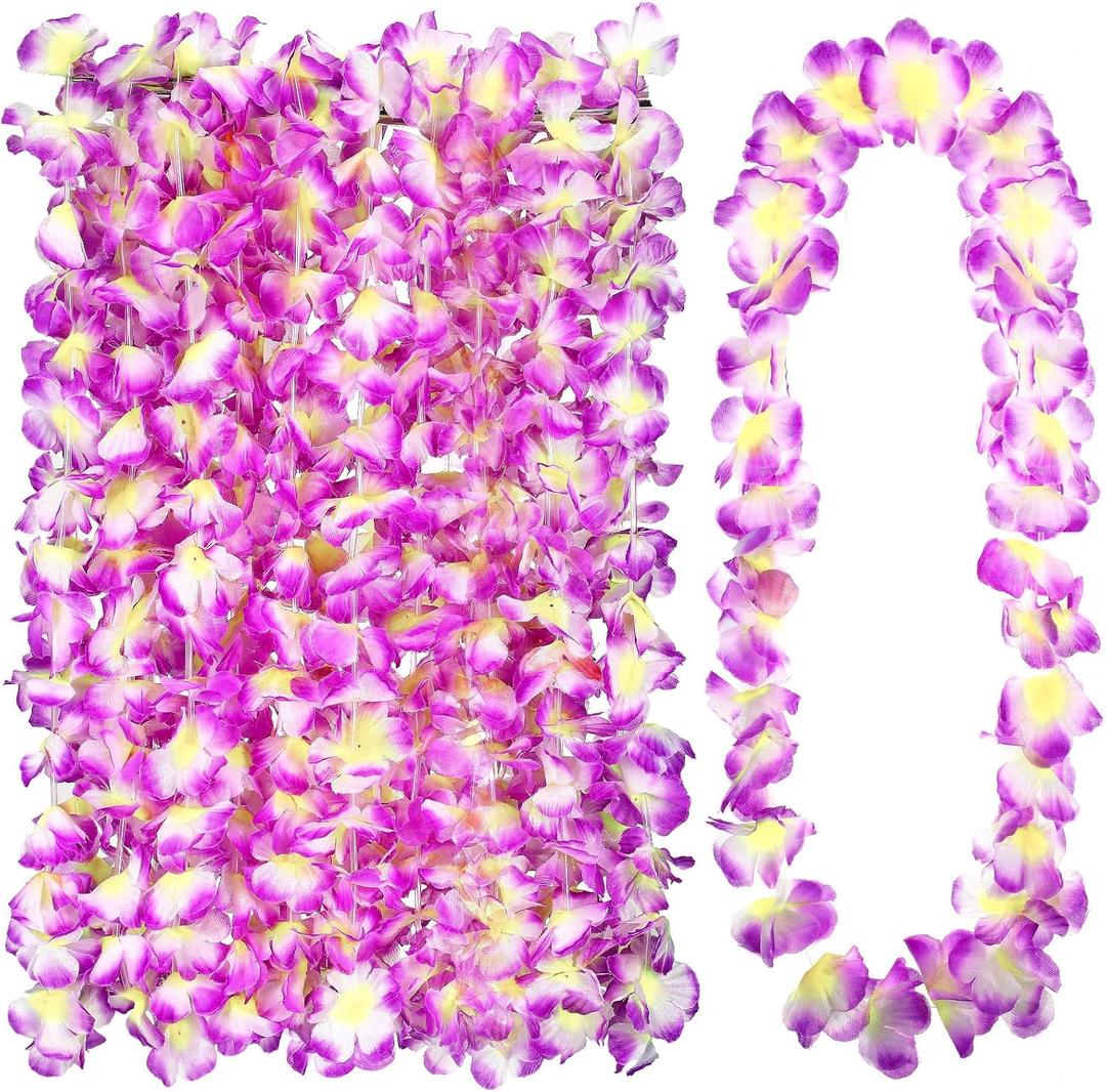 Hoteam 24 Counts Purple Hawaiian Leis Necklace Tropical Flower Lei Floral Luau Party Decorations Hawaiian Flower Luau Necklaces Hula Dance Garland Headbands for Beach Birthday Wedding Party Favors