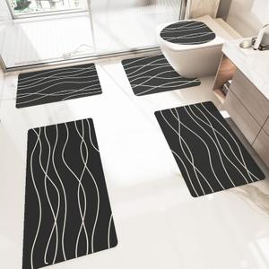 Schweek Bath Mat Rug Sets, Non Slip Rubber Bathroom Rugs Sets 5 Pieces, Super Absorbent Quick Dry Bath Mats Fit Under Door Thin Bathroom Mat U Shape Toilet Mats Set for Bathroom Bathtub Sink (White Stripe)