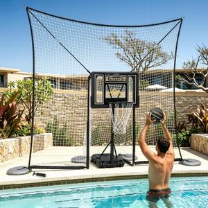 Pool Basketball Hoop with Backstop Height Adjustable Poolside Basketball Hoop for Pool with 10x8 FT Ball Backstop, Water Weighted Base | Includes a Ball & Pump |