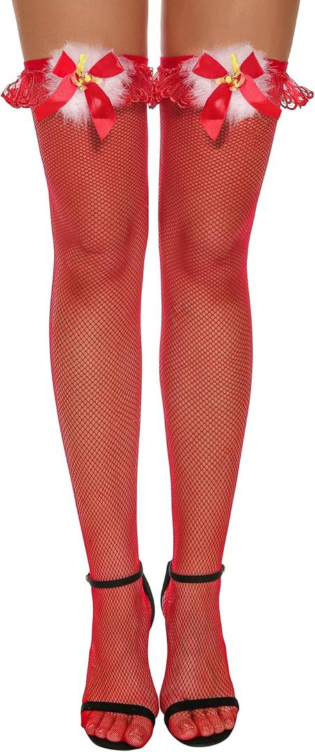 RSLOVE Women Christmas Thigh High Stockings Sexy Santa Fishnet Lingerie Red Hosiery Pantyhose (One Size)