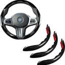 Car Steering Wheel Cover Set Bright Carbon Fiber Wrap Non-Slip 3pcs Steering Wheel Accessories 14.5-15 inch Universal (Black)