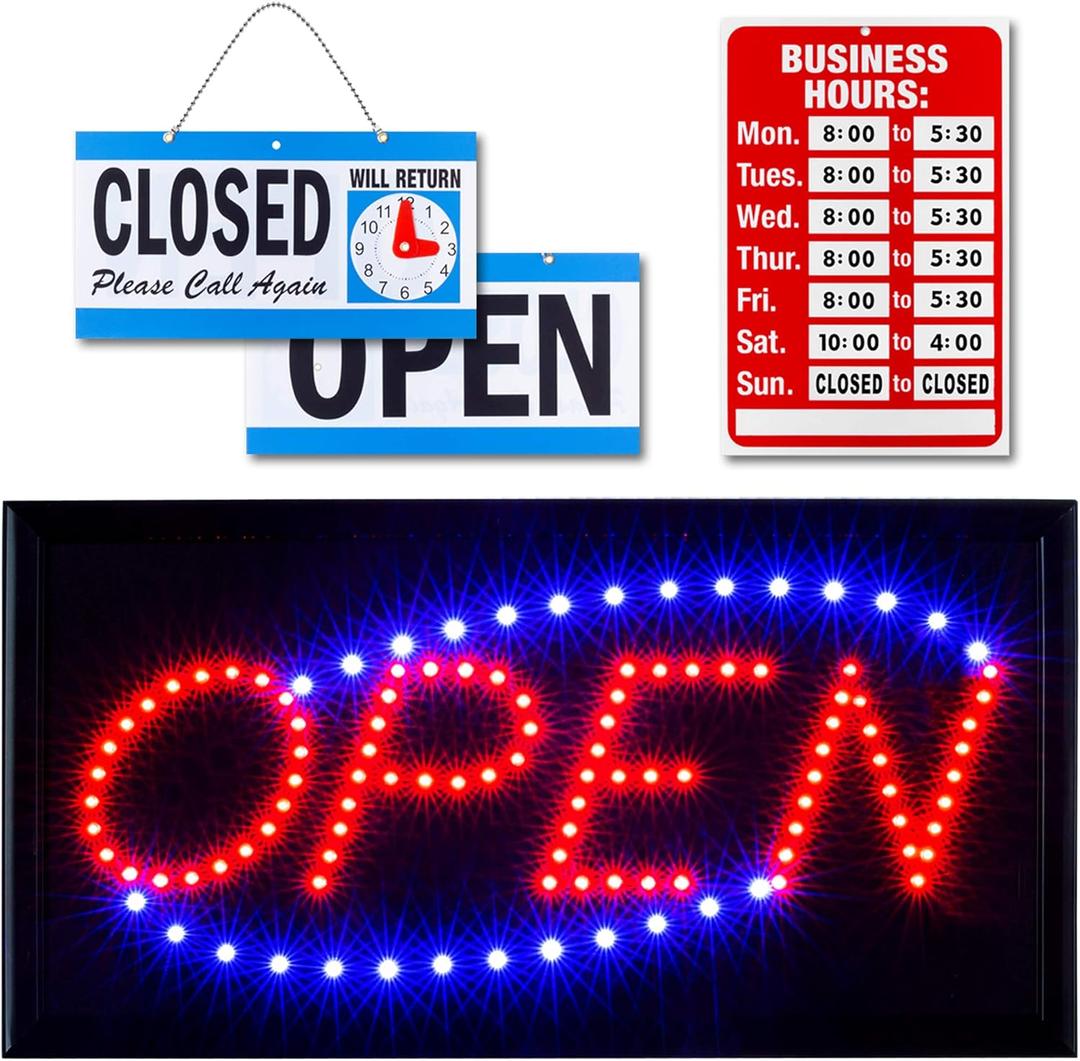 Neon Open Sign for Business: Horizontal LED Sign with Flashing Mode for Stores - Includes Business Hours and Open & Closed Signs (17" x 10")