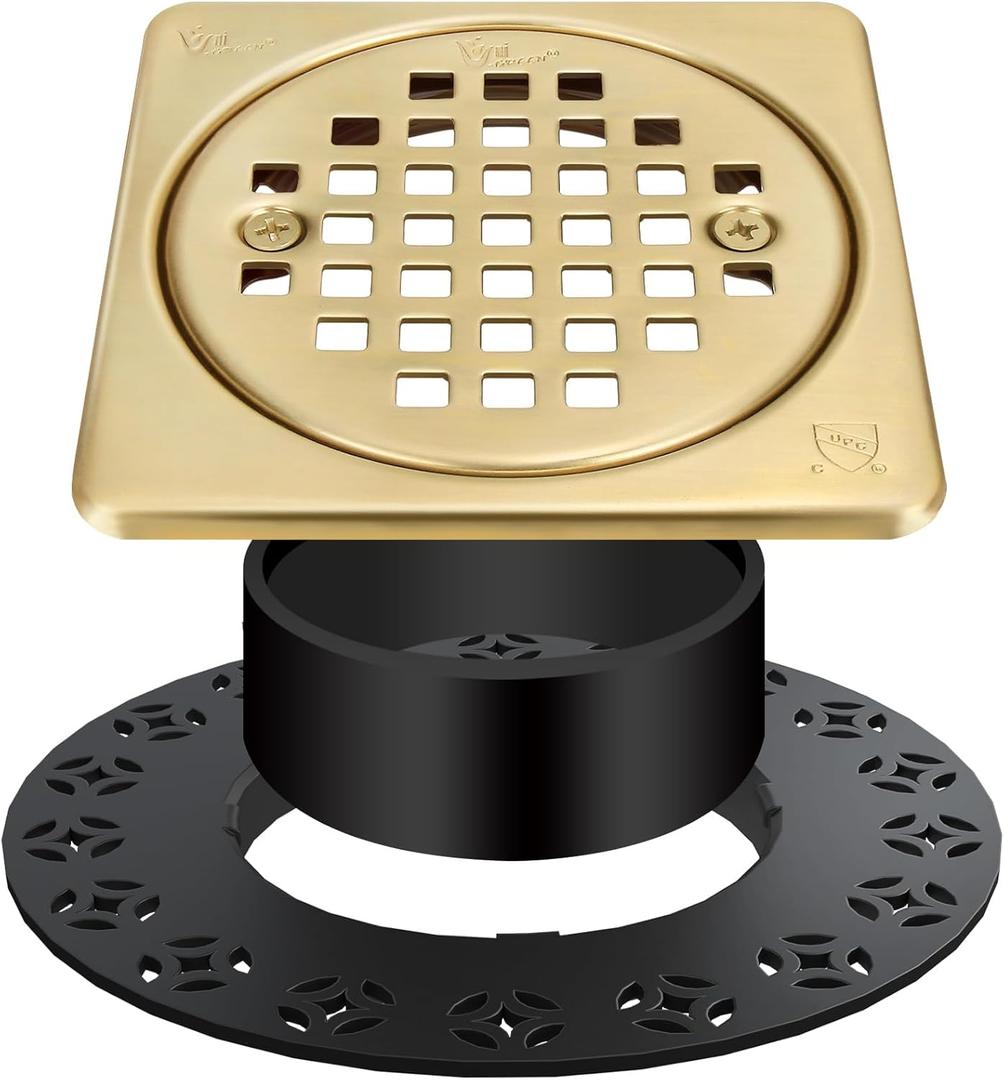 4 Inch Drain Grate Kit,Compatible with Schluter Kerdi Drain Flange, CUPC Certification,Square Shower Floor Drain SS304 Stainless Steel and ABS Material,Height Adjustment Collar and Ring-Brushed Gold
