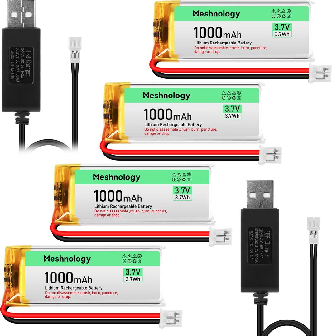 Meshnology 4PCS 3.7V 1000mAh Li Battery with USB Charger Cable 102050 1S LiPo Battery with Protection Board Insulated Rubber Tape and Micro JST 2.0 Plug for Electronic Device