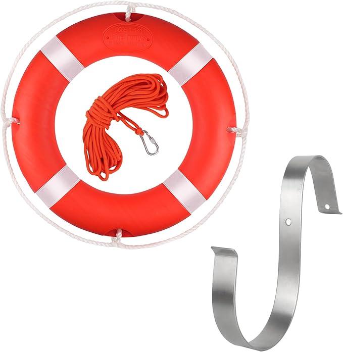 Life Ring 23" Boat Safety Throw Buoy With Reflective Tape & Grab Lines - Orange for Boats, Includes Water Floating Saving Rope and Bracket