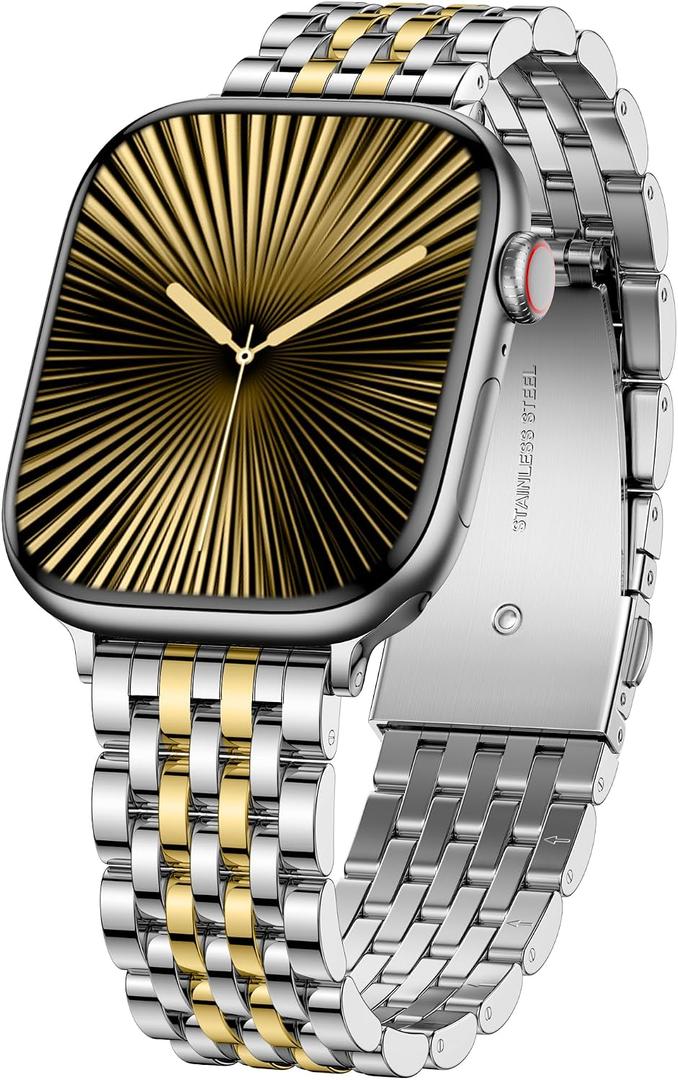 Lenrao Metal Band Compatible with Apple Watch Band for Women 4Size: 42mm(series 10/11) & 41/40/38mm, Dressy Stainless Steel Strap for iWatch Series 11/SE/10/9/8/7/6/5/4/3/2/1/Ultra Luxury Silver/Gold