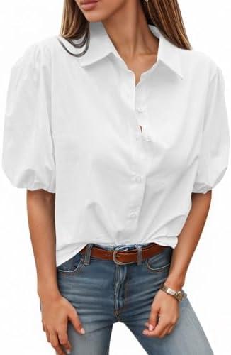 Tankaneo Women's Button Down Shirts Short Puff Sleeve Collared Dressy Casual Blouse Tops, Small