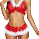 RSLOVE Women Christmas Lingerie Set with Garter Belts Sexy Santa Babydoll Teddy 4 Piece Bra and Panty Set with Hat (Small, Red)