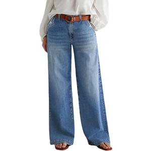 Flamingals Wide Leg Jeans for Women Mid Waist Baggy Stitch Decor Denim Washed Pants Without Belt (Blue, XXL)