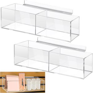 2 Pcs Acrylic Slatwall Bins 16 x 4 x 4 Inch Transparent Storage Organizers Slatwall Retail Display Trays Accessories for Garage Shop Retail Display(2 Compartments)