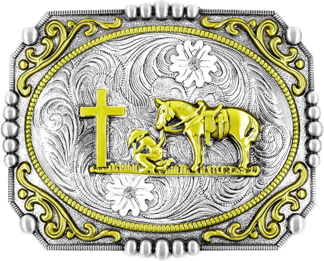 Moranse Religion Cross Cowboy Kneeling Prayer And Horse Design Belt Buckles (Square Golden)