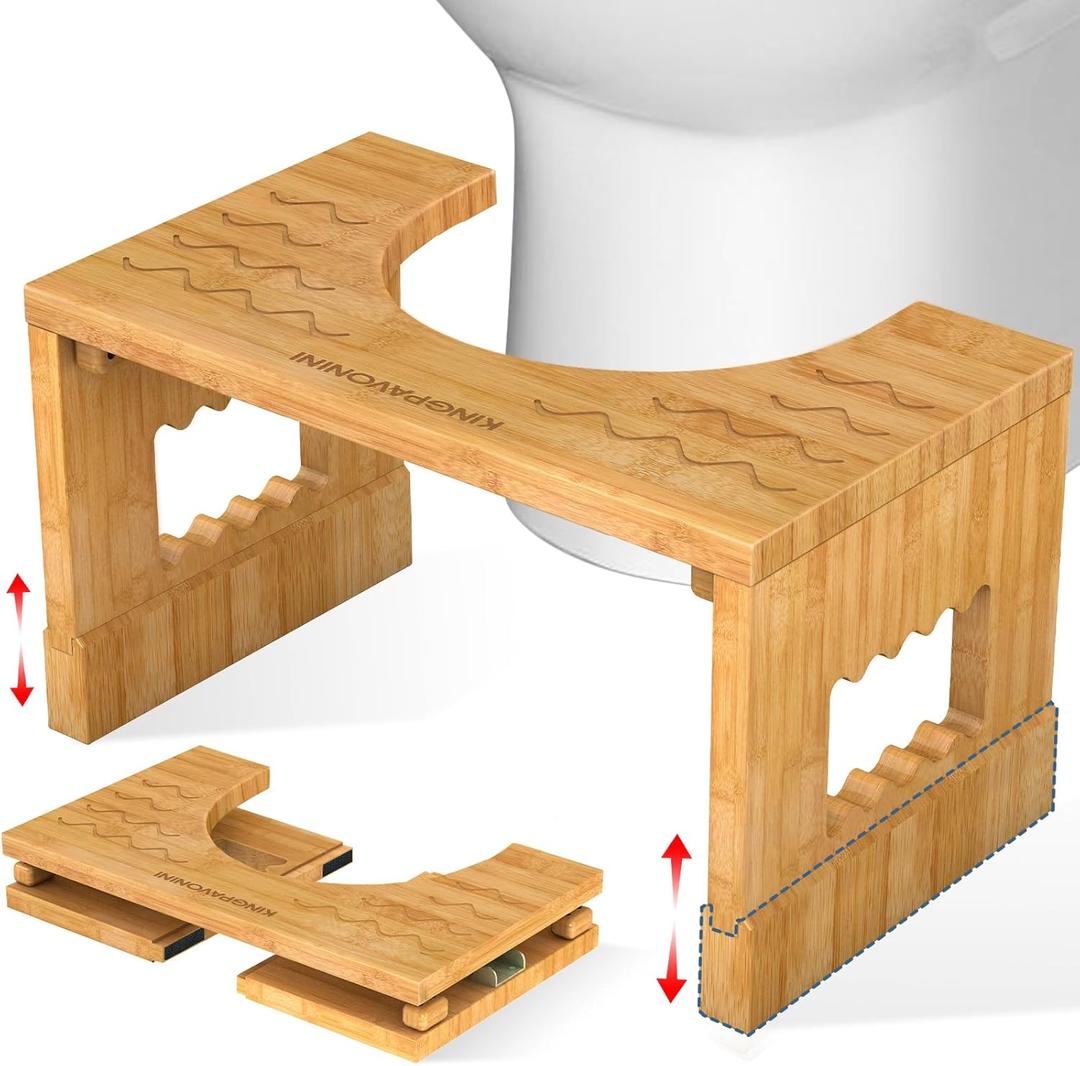 KingPavonini Bamboo Toilet Stool Squat 7in & 9in Heights Adjustable, Foldable Poop Stool for Adult, Potty Stool for Bathroom with Non-Slip Grooves Portable, Space-Saving, 400 lbs Capacity (Upgrade)