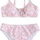 OYOANGLE Girl's 2 Piece Ditsy Floral Bikini Swimsuit Ring Linked Ruched Bathing Suit (Light Pink) 10-11Y