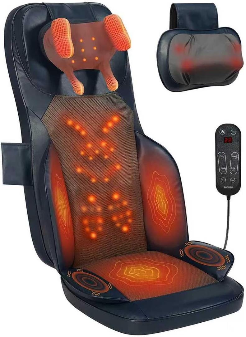 Shiatsu Massage Cushion for Neck and Back with Heat - 4D Kneading, Vibration for Relief Muscle Tension, Dual-Neck Design, Adjustable Intensity and Height for Office Chair, Home Use, Navy Blue