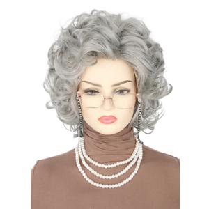 Topcosplay 5pcs Set Old Lady Wig and Accessories Short Curly Grey Granny Costume Wig Grandma Wig Halloween Party Wigs
