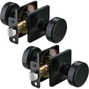2 Pack Black Door Knobs with Square Rosette,Pismo Interior Door Knob for Hall & Closet, Non-Locking