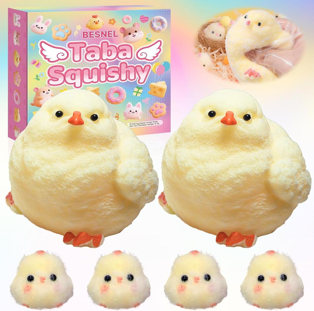 6Pcs Big Taba Squishy Fidget Toys-3.15in, Handmade Ultra Soft Chick Taba Squishy Kit, Cute Fidget Toys Silicone Squeeze Toys for Kids & Adults Stress Relief (Chicken）