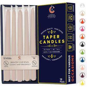 Ivory Cream 12 Inch Taper Candles - Pack of 12 Premium Unscented, Dripless & Smokeless Hand-Dipped Candles for Birthday, Wedding or Dinner Decorations and Formal Candlelighting