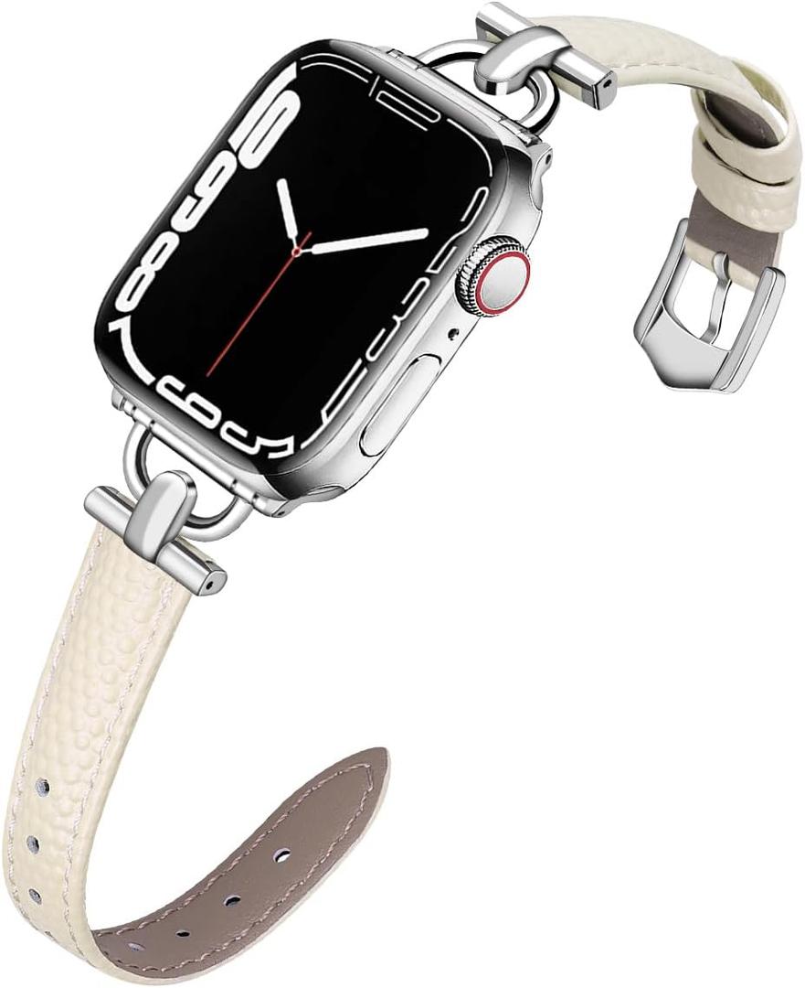 D-Shape Metal Buckle Compatible with Apple Watch Band 49mm 45mm 44mm 42mm Leather Strap Replacement Strap for iWatch Series Ultra 2/Ultra 9/8/7/6/5/4/3/2/1/SE/SE2 (Beige-Silver)