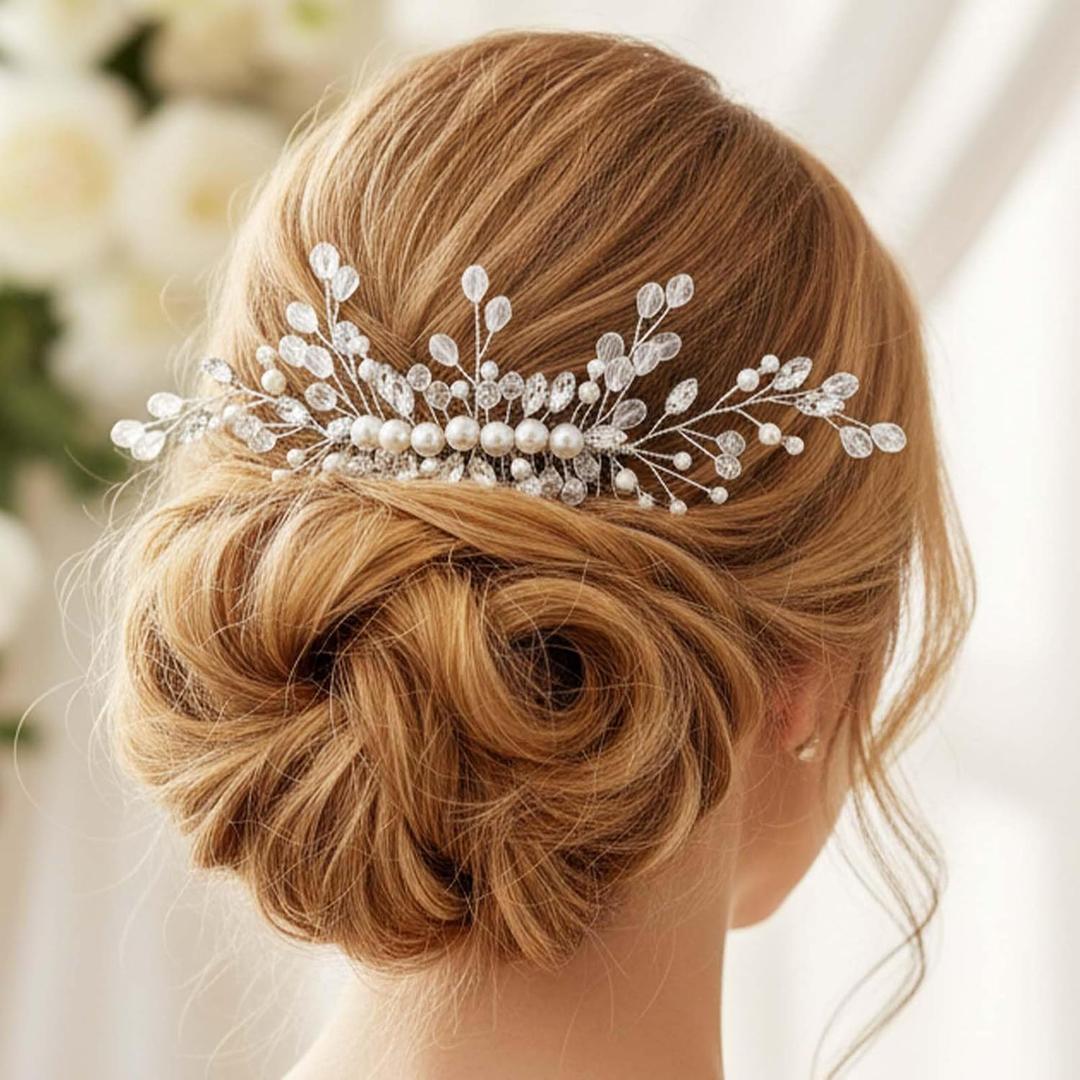 Bridal Hair Pins Set, Rhinestone Side Comb, Gold Butterfly with Pearls and Crystals, Wedding Hair Accessories (Silver F)