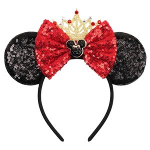 Sequin Mouse Ears Headband for Women Girl Shiny Ears Hairband with Crown for Party Decorations Costume & Trip (Black/Red)