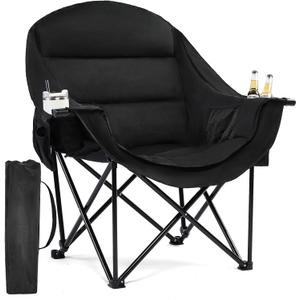 Oversized Camping Chairs for Adults - Heavy Duty Padded Outdoor Folding Lawn XL Camp Chair with Cup Holder Cooler Pockets for Outside Sports Beach Fishing Garden Portable Supports 500lbs, AllBlack