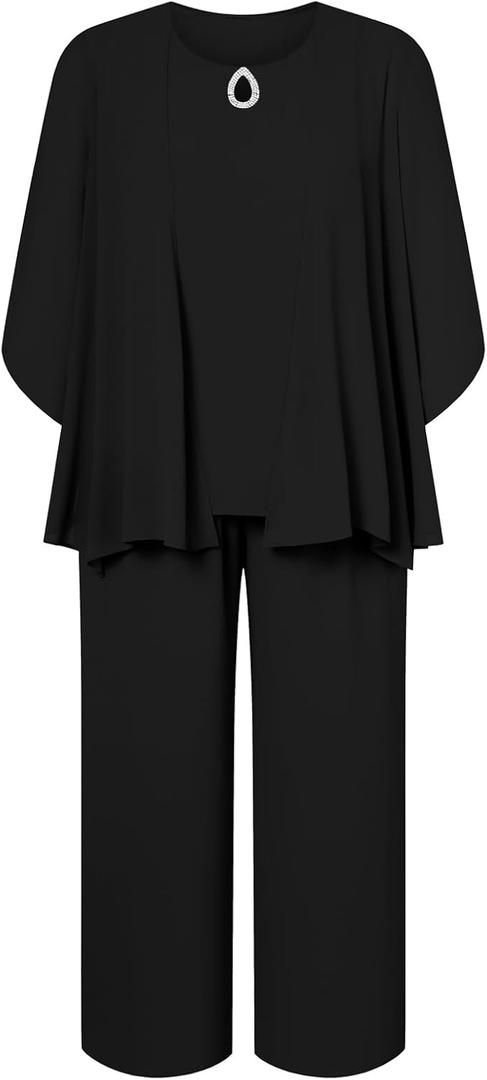 Plus Size Pants Suits 3pcs Mother of The Bride Suits for Wedding Guest Black 16 Plus