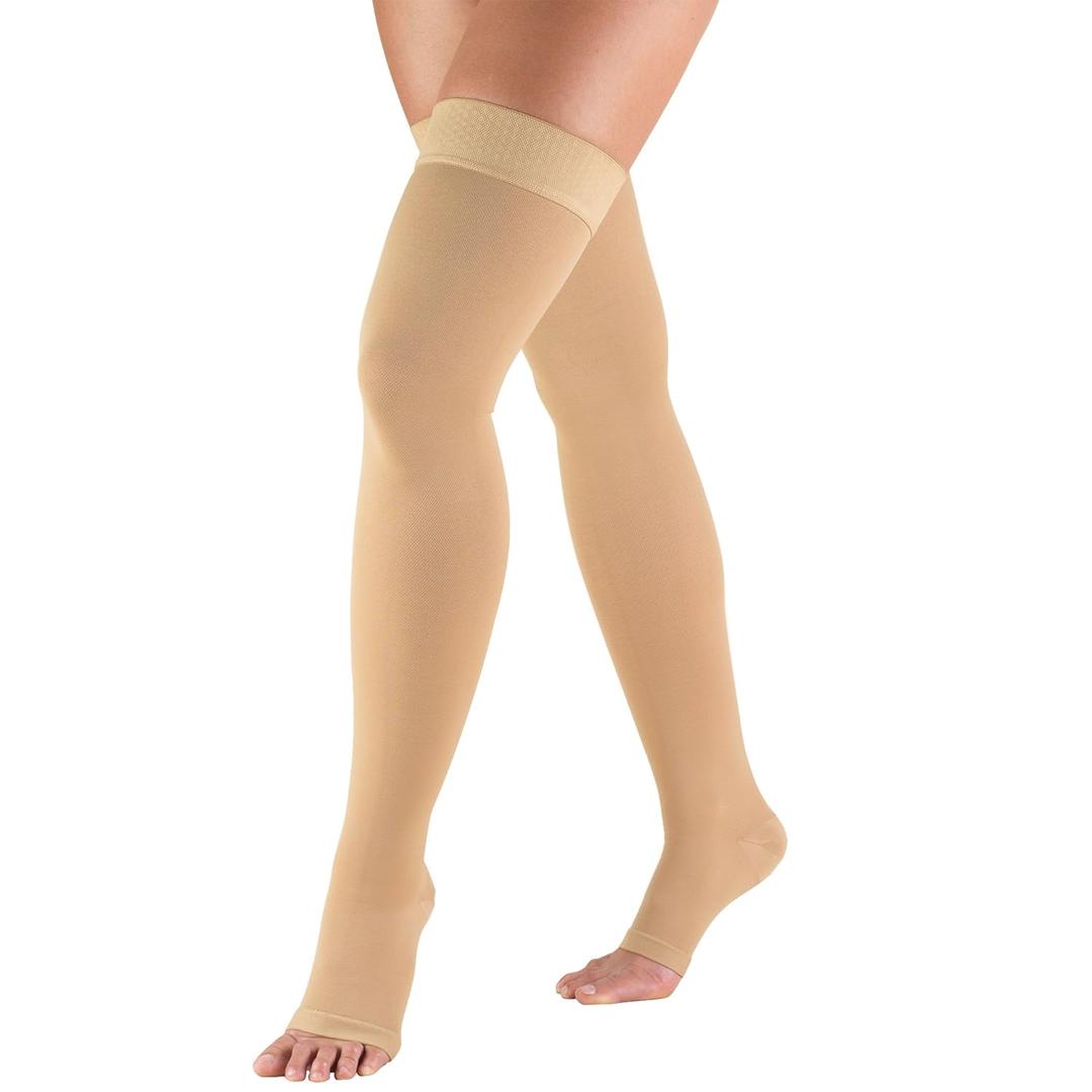 Truform 20-30 mmHg Compression Stockings for Men and Women, Thigh High Length, Dot-Top, Open Toe, Beige, Medium (Medium (1 Pair))