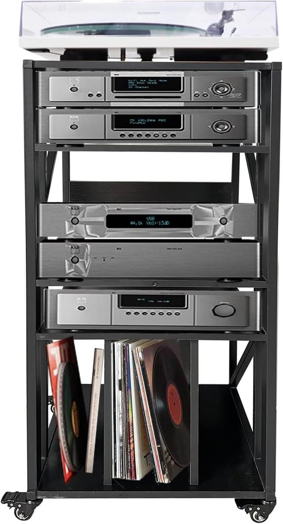 5 Tier Record Player Stand with Vinyl Storage, av Media Stand, Stereo Audio Rack Tower with Wheels, Entertainment Stereo Components (Black-Grill, 43in  15.7in  19.7in)