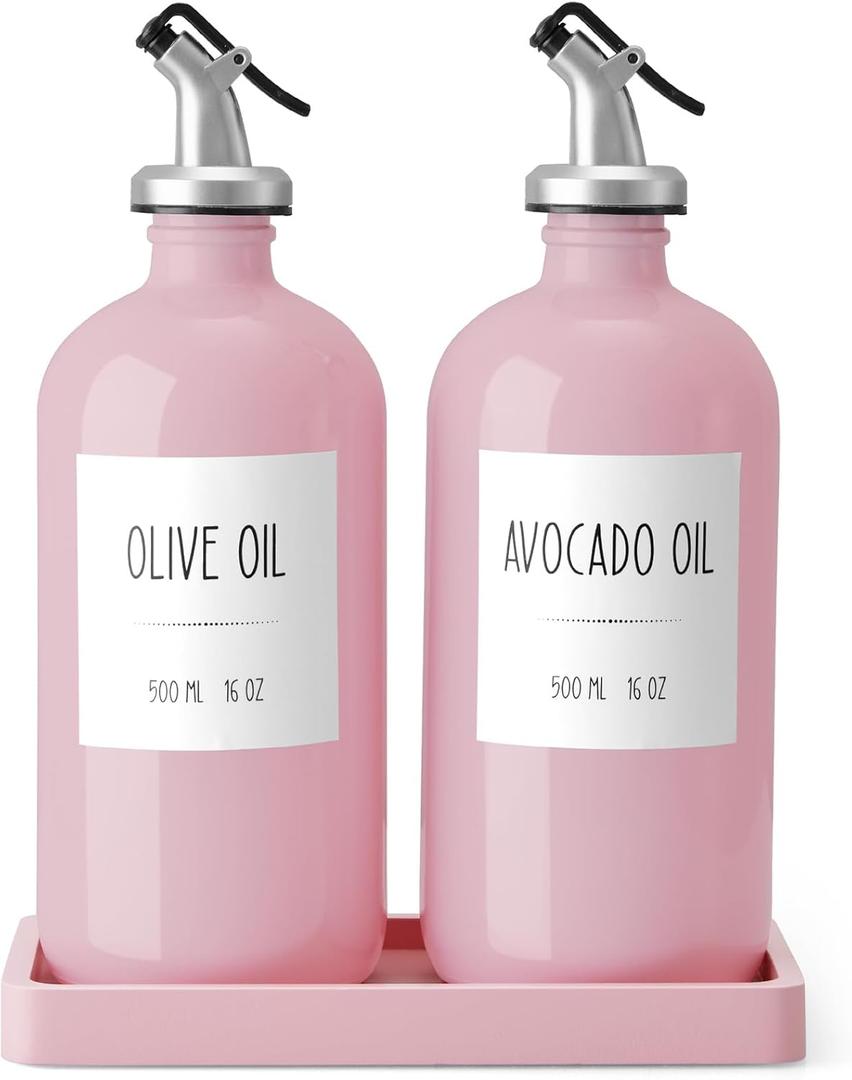 Olive Oil Dispenser Bottle for Kitchen, 16oz Glass Oil and Vinegar Dispenser Set with Wood Tray & 54 Labels - Coffee Syrup Dispenser - Pink Kitchen Decor and Accessories - Set of 2