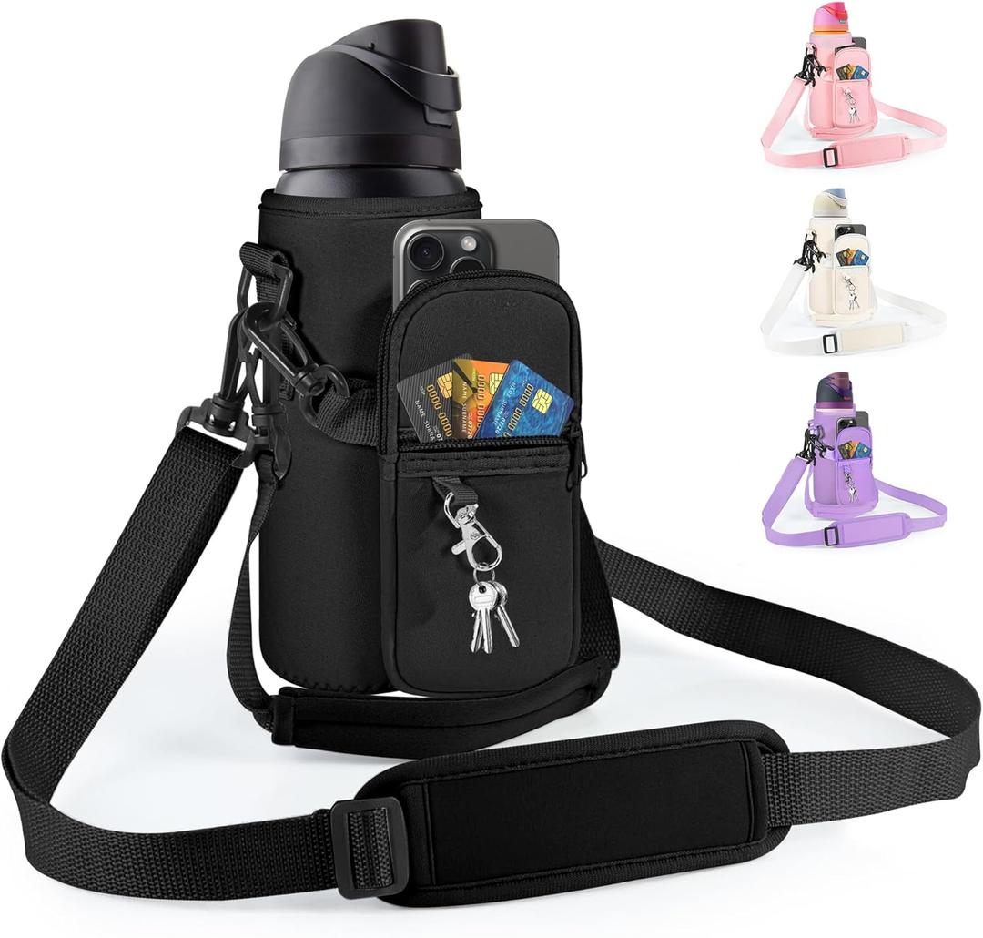 Water Bottle Carrier Bag with Strap for Owala FreeSip 24/32oz with Detachable Phone Pocket for Owala Accessories 24/32oz Water Bottle Sleeve for Walking Camping Gym (Black)