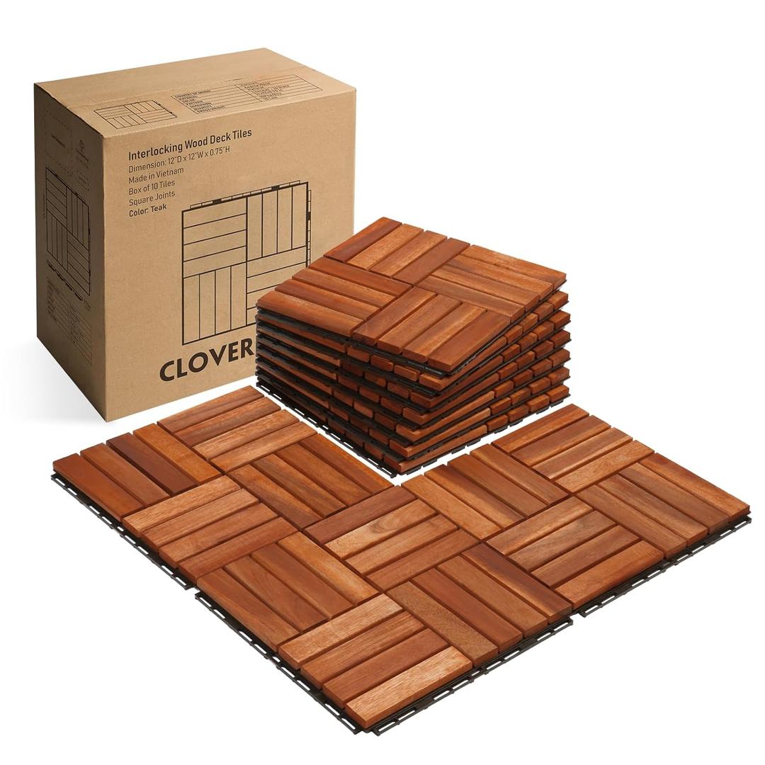 10 PCs Interlocking Deck Tiles, 12x12x0.75 inches Waterproof Wood Patio Floor Tiles for Indoor and Outdoor, Easy Snap Flooring, Balcony, Backyard, Square Joints, Teak