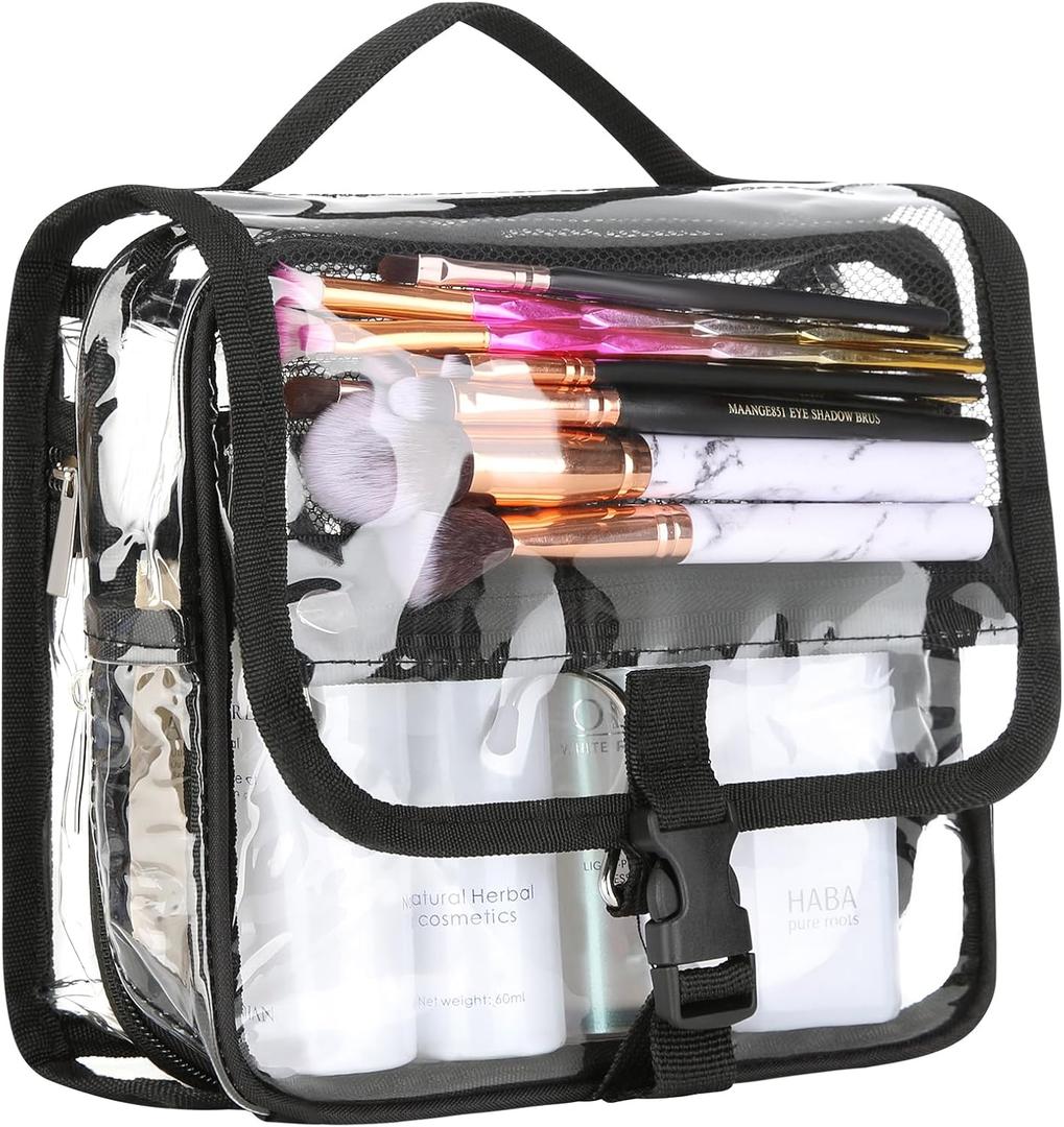 Clear Toiletry Bag with TSA Liquids Travel Bag, Hanging Travel Transparent Makeup Cosmetic Organizer, Waterproof Carry On Airline 3-1-1 Compliant Bag Quart Sized Luggage Pouch (Black-Clear)