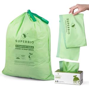 SUPERBIO 8 Gallon Compostable Drawstring Kitchen Waste Bags,30.3 Liter, 30 Count, 1 Mil,Heavy Duty Food Waste Bags, BPI, Seedling and OK compost INDUSTRIAL